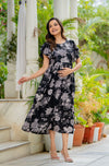 Stylish Women's Pure Cotton Feeding Kurti Gown Maternity Dress Nursing Kurti and All Over Printed Pregnancy Dress Comfortable and Fashionable Maternity Wear for Women - Black